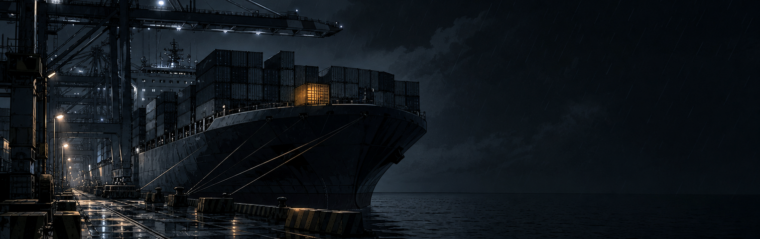 A cargo ship at a rain-soaked dock under cranes, from The Big Score target artwork