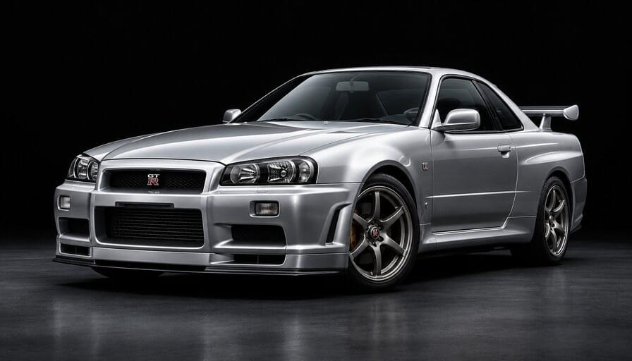 Silver Nissan Skyline R34 GTR from the car artwork used on the racing and garage pages