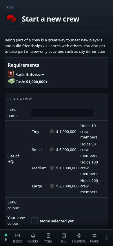 Street Crime crew creation form at 390 pixels