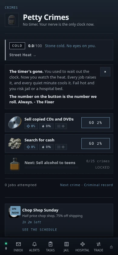 Street Crime petty crime choices in a 390-pixel browser