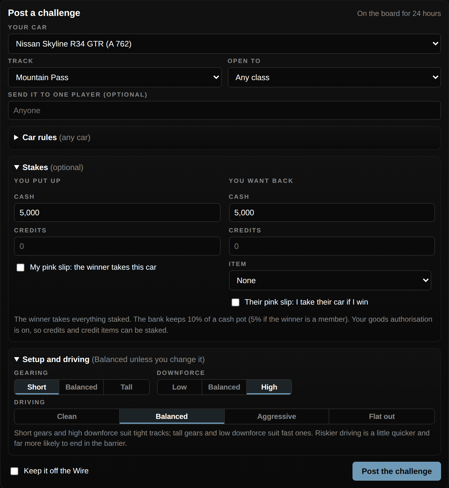 Street racing challenge form showing Mountain Pass, cash stakes, pink-slip choices, short gearing, high downforce and Balanced driving