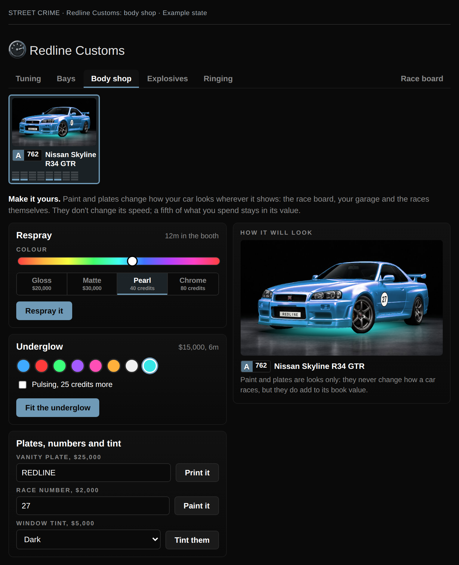 Redline Customs body shop showing a blue pearl Skyline preview with cyan underglow, dark tint, REDLINE plate and race number 27