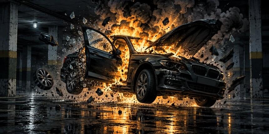 Illustration of a rigged car exploding inside a garage in Street Crime