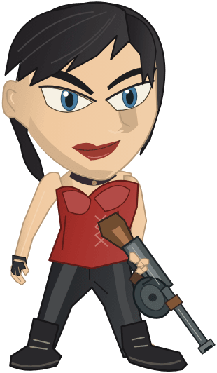 The Assassin Girl character in Street Crime, in a red corset with a tommy gun