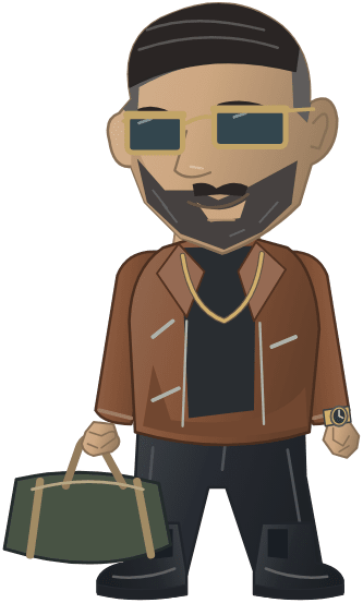 The Continental character in Street Crime, in a leather jacket and gold chain with a holdall