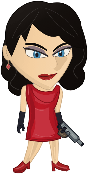 The Femme Fatale character in Street Crime, in a red dress and long gloves with a machine pistol