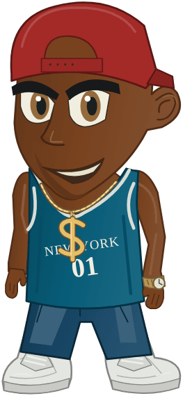 The Gangsta character in Street Crime, in a New York basketball jersey, backwards cap and gold chain