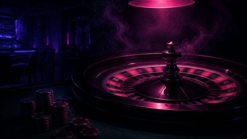 A roulette wheel spinning under a low pink lamp in a private casino room