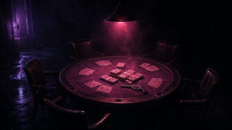 A round table in a smoky back room set for five