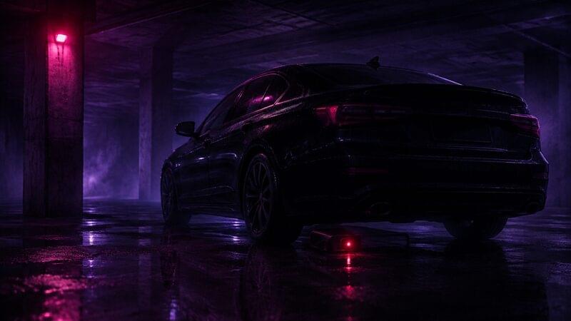 A sedan alone in an underground car park with a device blinking beneath it