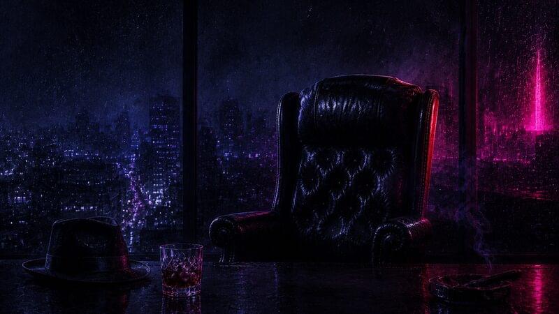 A leather chair behind a penthouse desk above the rain-soaked city