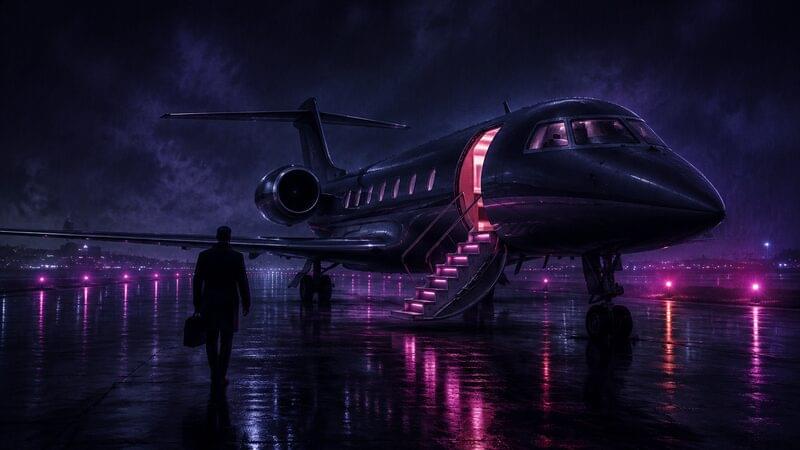 A lone figure carrying a briefcase toward a private jet on a rainy runway