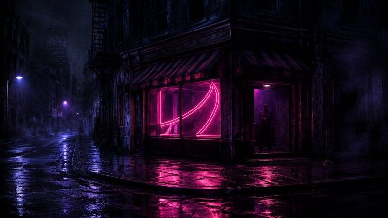 A corner storefront lit by a pink neon sign on a wet street