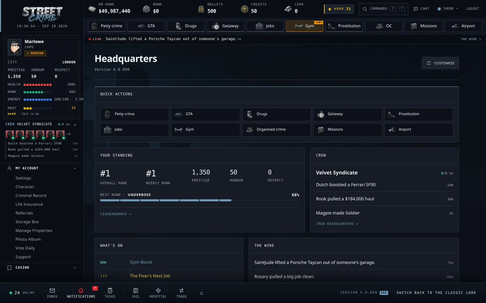 The Street Crime game screen in a browser: the menu, your gangster's stats and the Headquarters page with the live Wire