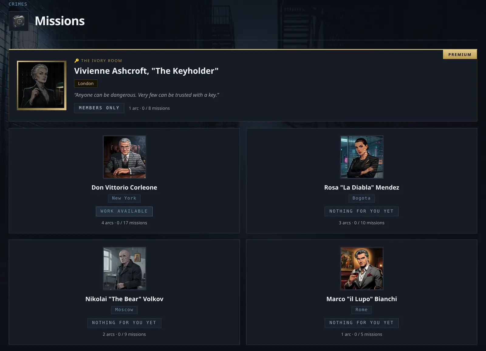 The Street Crime Missions board with Vivienne Ashcroft's members-only Ivory Room above Don Vittorio Corleone, Rosa Mendez, Nikolai Volkov and Marco Bianchi