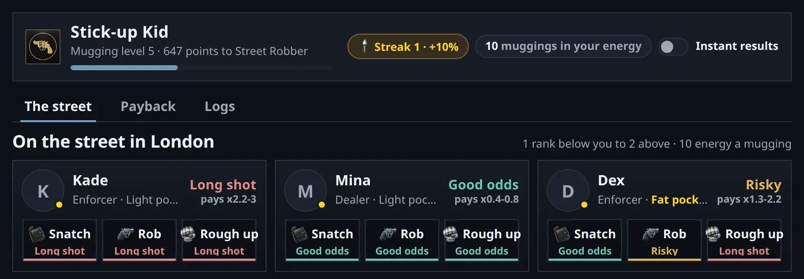 The Street Crime mugging street: a player's mugging level and hot streak, and marks in London each showing a read, from Long shot to Easy mark, with a Snatch, Rob and Rough up button