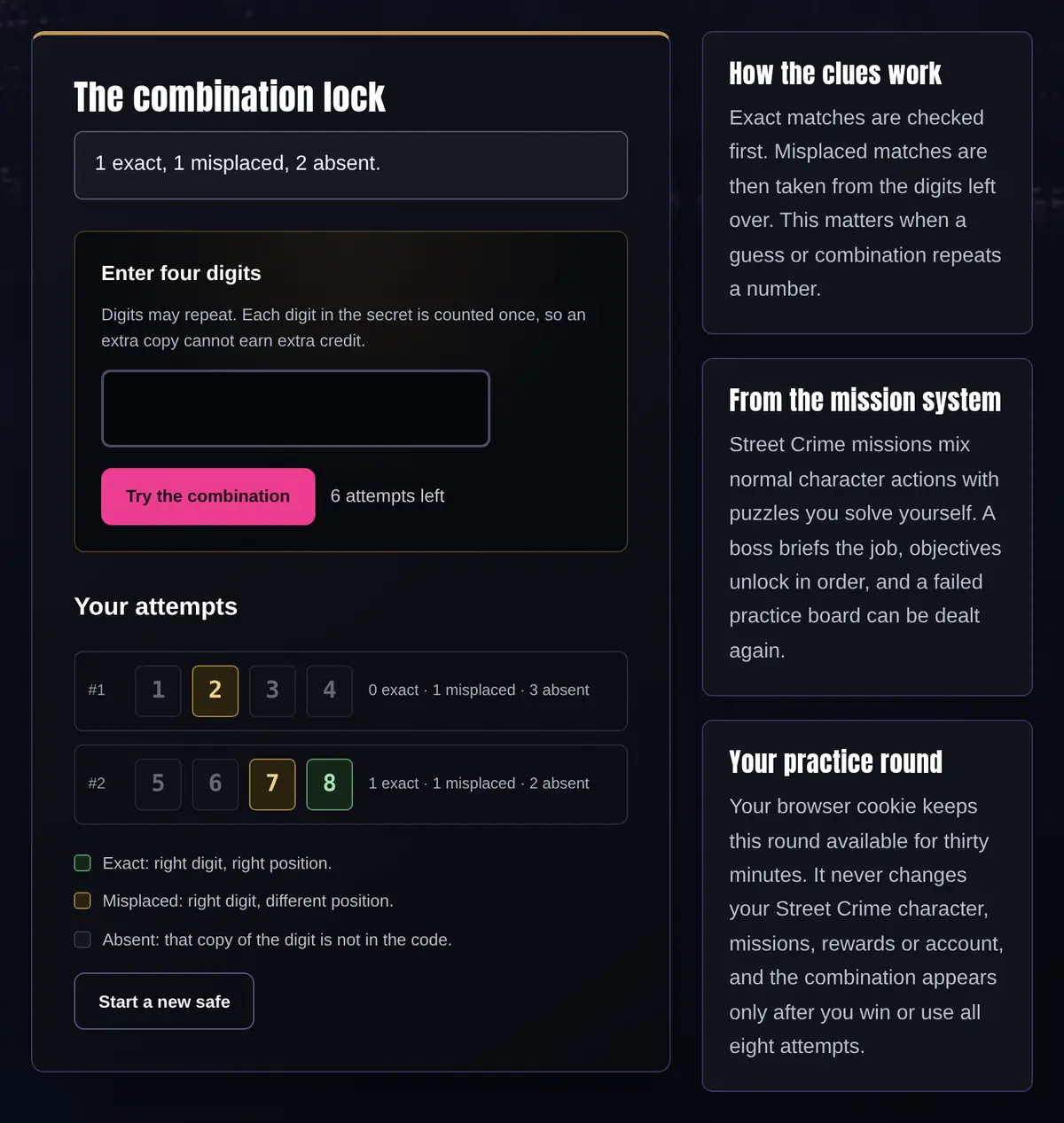Street Crime Safe Cracker practice page showing the four-digit combination input, two scored guesses and the clue rules