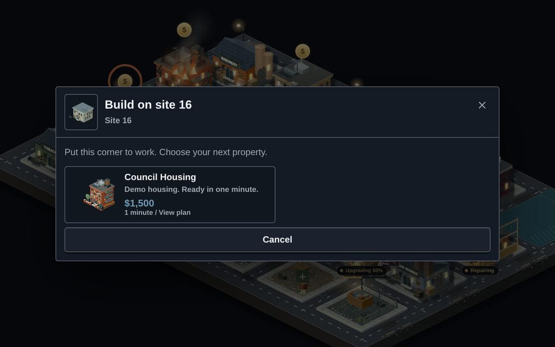 Build on site dialog listing a property, cost and construction time on the turf street map