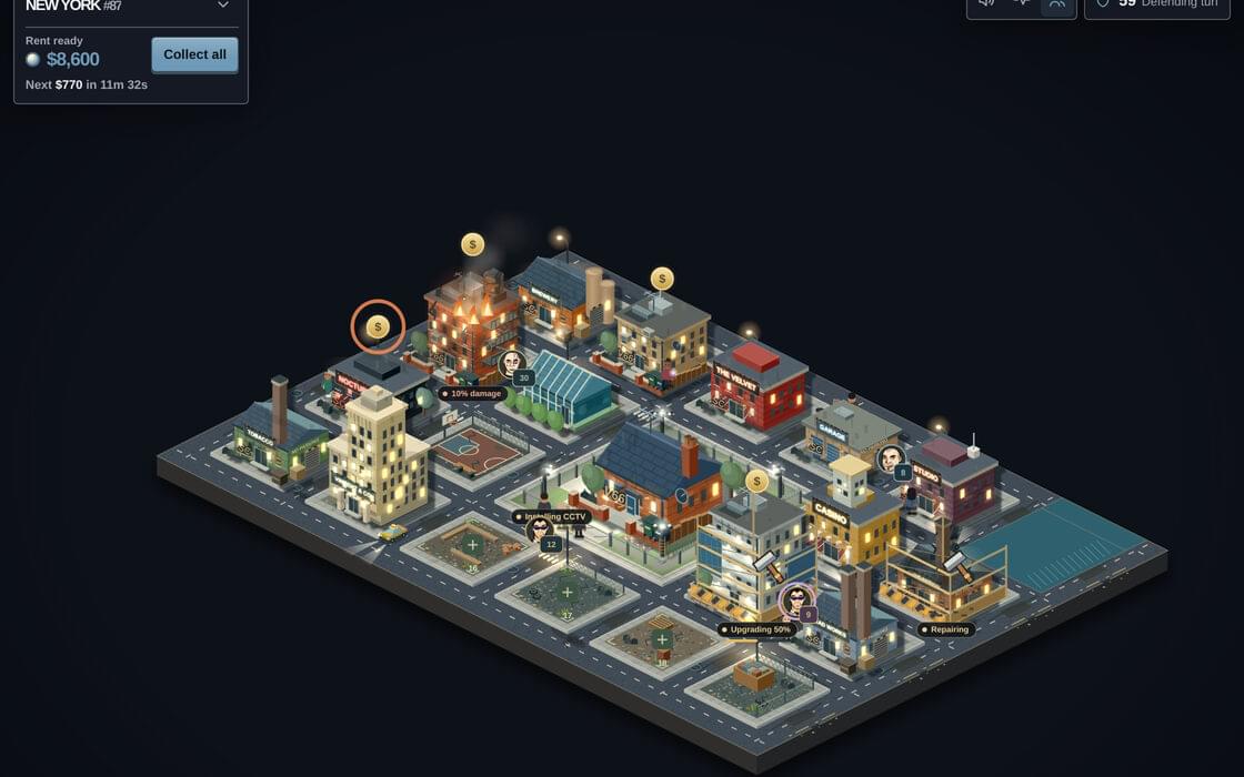 Street Crime turf street map with rent ready, construction sites and defending heavies