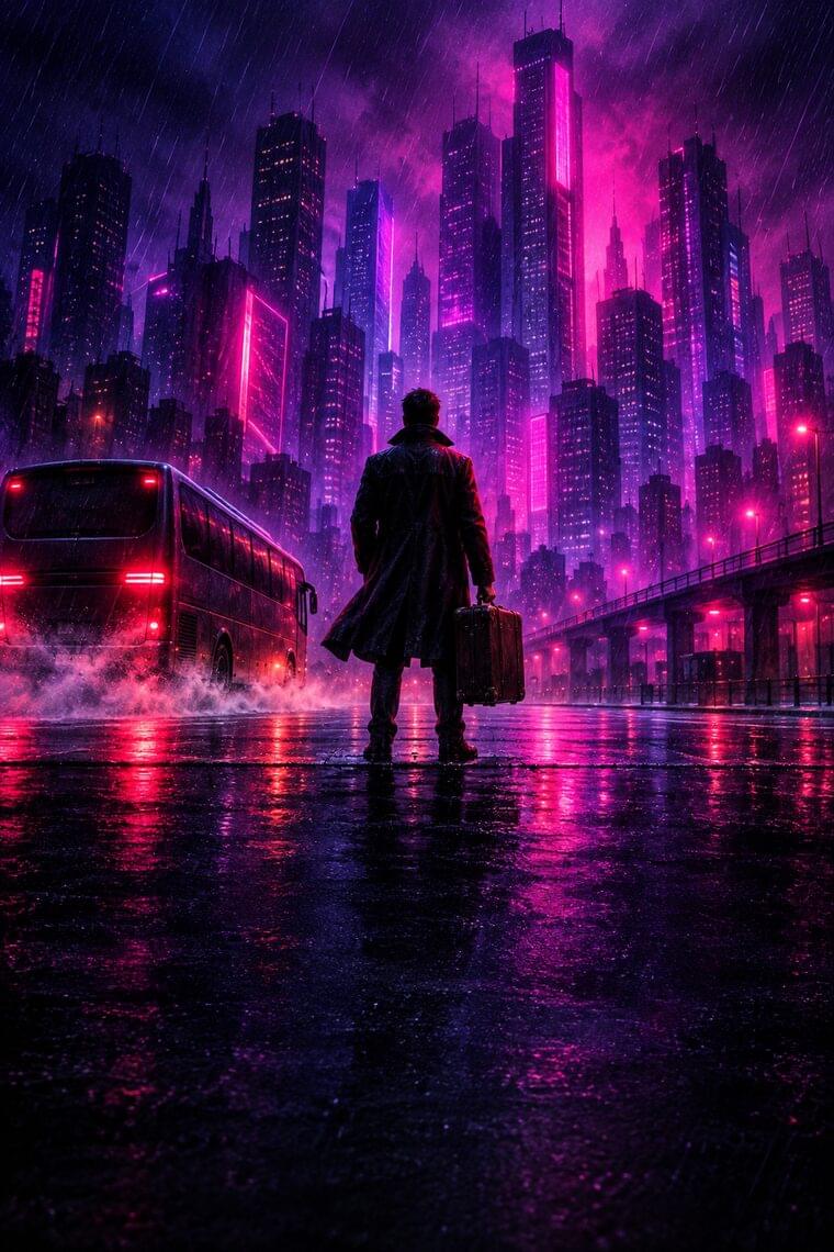 A newcomer with a suitcase stepping off the bus into the city