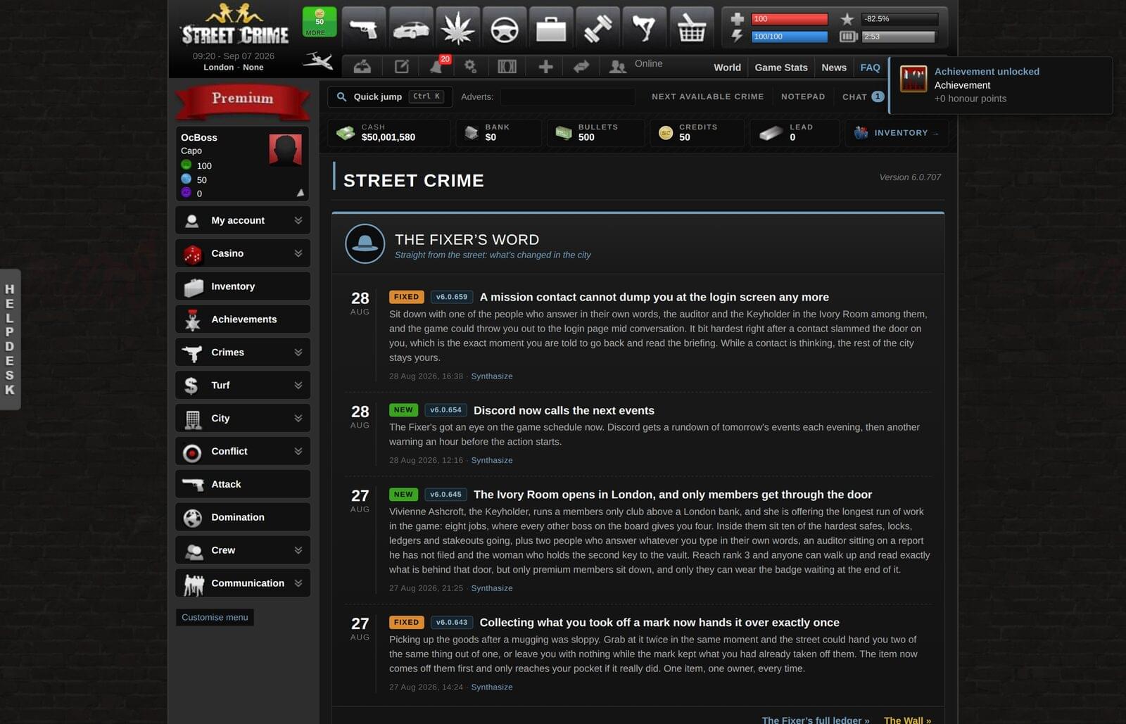 The Street Crime game screen in a browser: the city menu, your gangster's stats and The Fixer's Word