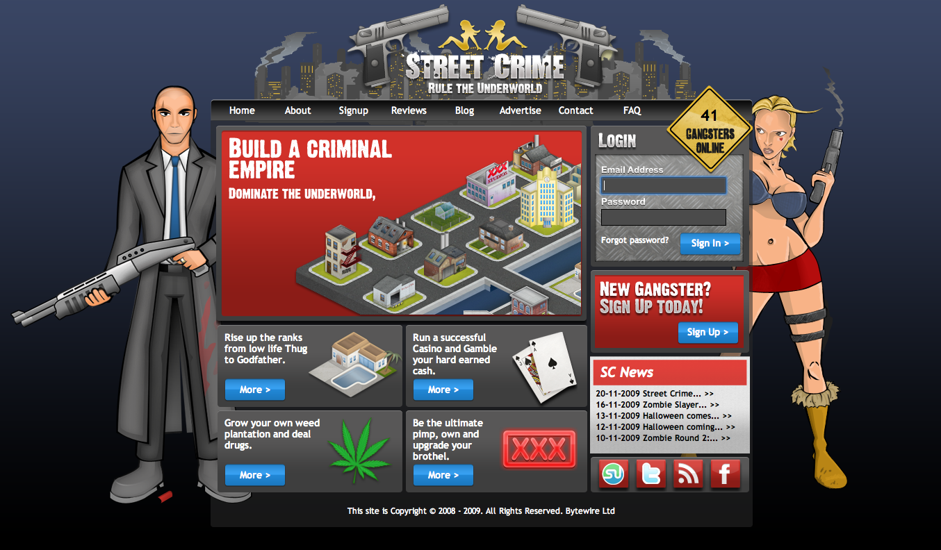Street Crime browser game interface showing the city and player navigation