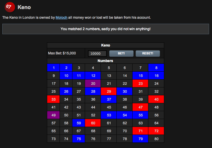 Selecting numbers in Street Crime Keno